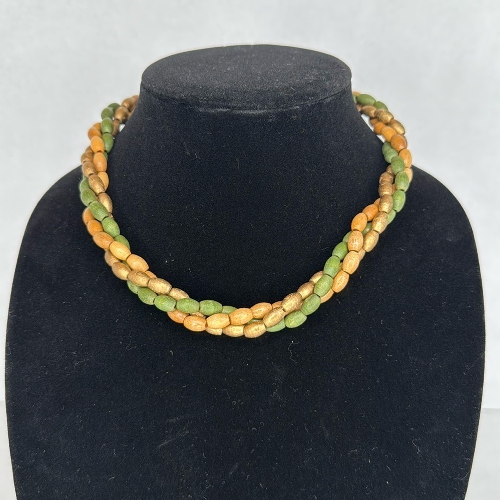 Vintage wood Green, Gold and Orange Beaded Necklace Lot A42